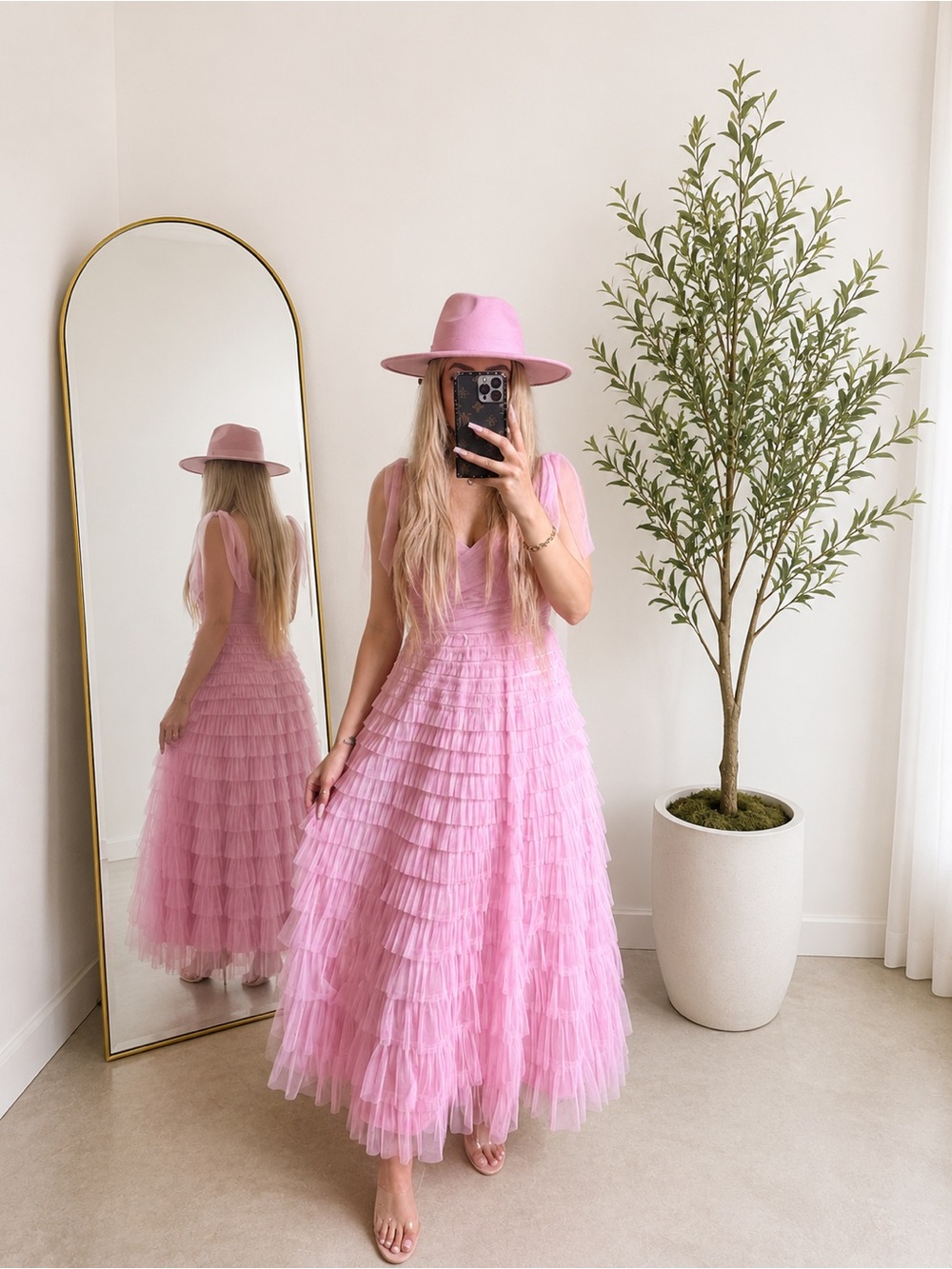 Pink Tiered Tulle Kids Dress with V-Neck